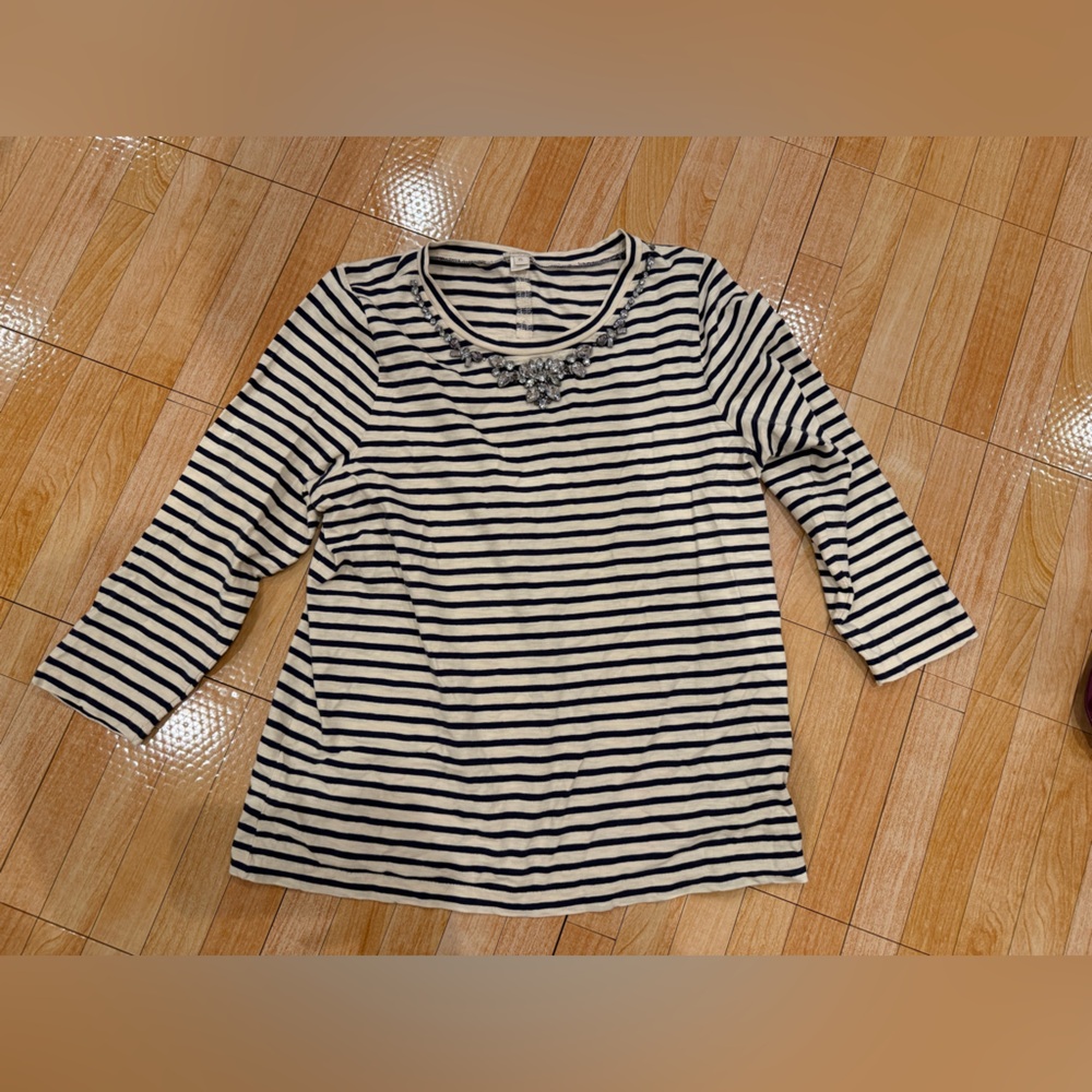 J. Crew Black and White Embellished Striped Long Sleeve Top- XL